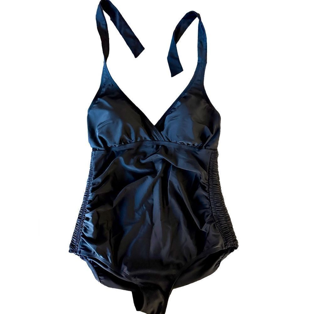 NWT Beach Bump Maternity One Piece Swimsuit Black Halter Smocked Sides - Size M - Picture 6 of 9